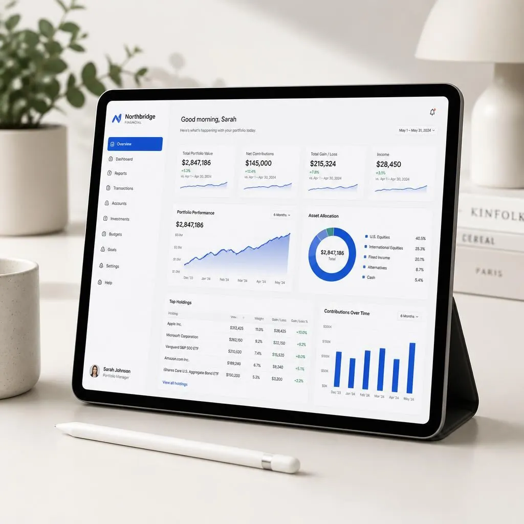 Tablet met een financieel dashboard en grafieken